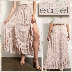 Easel Flowy Sexy Drapey Maxi Skirt Ruffle Details @ Waist, Front Slits & Hemline
